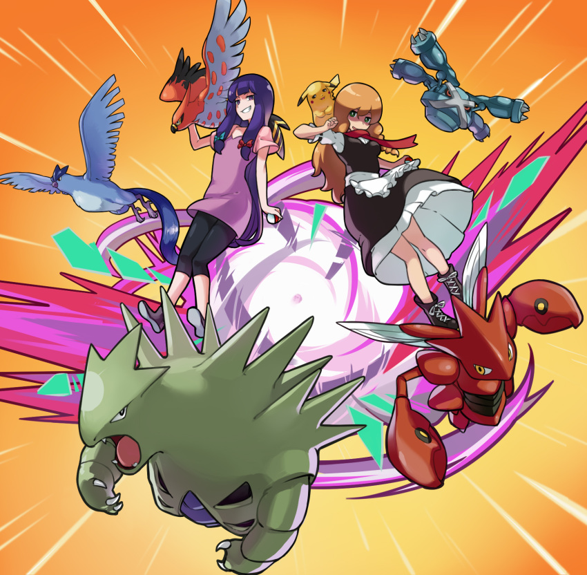 2girls apron articuno bangs black_dress black_pants blonde_hair blue_bow bow breasts commentary_request cookie_(touhou) dress full_body green_eyes grin hair_bow highres holding holding_poke_ball kirisame_marisa long_hair looking_at_viewer mars_(cookie) medium_breasts megafaiarou_(talonflame_810) metagross multiple_girls open_mouth pants patchouli_knowledge pikachu poke_ball pokemon pokemon_(creature) purple_dress purple_eyes purple_hair red_bow red_scarf scarf scizor shirt short_sleeves smile taisa_(cookie) talonflame touhou tyranitar waist_apron white_shirt