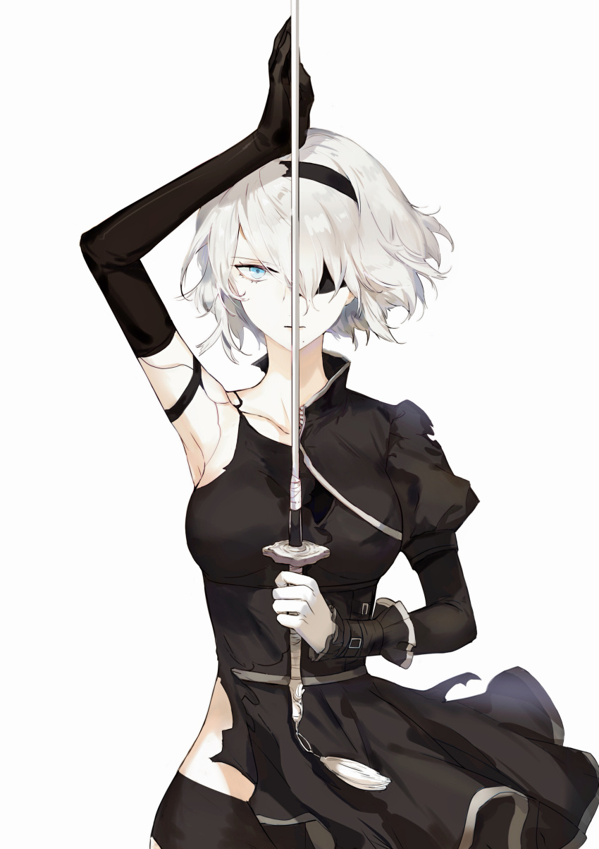 1girl absurdres android armlet bare_shoulders black_blindfold black_dress black_gloves black_hairband black_shorts black_tank_top blindfold blue_eyes breasts closed_mouth collarbone dress dual_persona elbow_gloves eyebrows_visible_through_hair gloves hairband highres holding holding_sword holding_weapon joints juliet_sleeves katana left-handed long_sleeves medium_breasts mole mole_under_mouth nier_(series) nier_automata puffy_sleeves robot_joints shaokao_range short_hair shorts simple_background solo split_theme sword tank_top virtuous_contract weapon white_background white_gloves white_hair yorha yorha_type_a_no._2