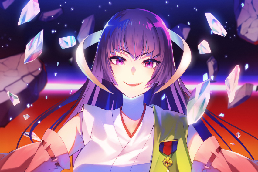 1girl :d bangs blurry blurry_background commentary detached_sleeves featherine_augustus_aurora highres higurashi_no_naku_koro_ni japanese_clothes kimono long_hair looking_at_viewer open_mouth pink_sleeves portrait purple_eyes purple_hair red_ribbon ribbon ribbon-trimmed_sleeves ribbon_trim shiny shiny_hair sleeveless sleeveless_kimono smile solo straight_hair white_kimono yj_nakayama