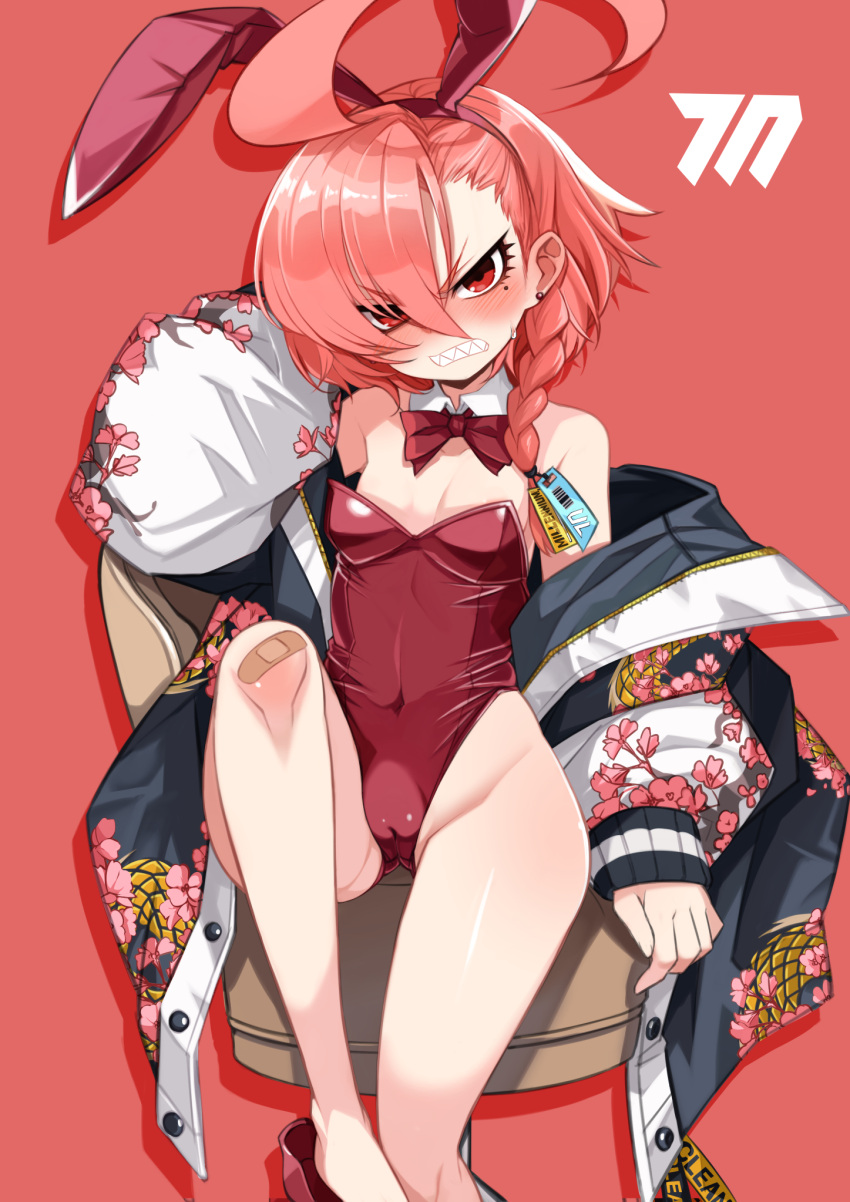 1girl ahoge angry animal_ears bandaid bandaid_on_knee bare_legs black_jacket blue_archive bow bowtie braid breasts cameltoe commentary_request covered_navel detached_collar fake_animal_ears floral_print hair_between_eyes highres huge_ahoge jacket legs looking_at_viewer mole mole_under_eye nada_haruka neru_(blue_archive) playboy_bunny print_jacket rabbit_ears red_background red_bow red_bowtie red_eyes red_hair sharp_teeth simple_background single_braid sitting small_breasts solo teeth
