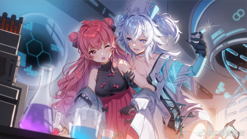 2girls ahoge bare_shoulders beaker blue_eyes blush breasts chinese_commentary choker cleavage collarbone commentary_request cowboy_shot double_bun dress fang girls'_frontline girls'_frontline_neural_cloud gloves hat heart heart-shaped_pupils high_heels highres id_card labcoat leg_up long_hair majiang medium_breasts multiple_girls nurse_cap off_shoulder one_eye_closed open_mouth pa-15_(girls'_frontline) red_dress red_eyes red_hair silver_hair skin_fang sleeveless sleeveless_dress smile sweatdrop symbol-shaped_pupils syringe thighhighs twintails weibo_username wz.29_(girls'_frontline)
