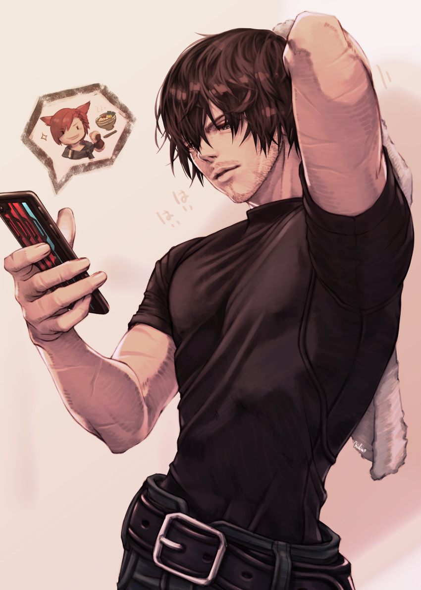 2boys absurdres adventurer_(ff14) animal_ears arm_behind_head arm_up bare_arms belt black_shirt brown_hair cat_ears cellphone closed_mouth covered_nipples drying drying_hair facial_hair final_fantasy final_fantasy_xiv g'raha_tia hair_between_eyes half-closed_eyes hand_up highres holding holding_phone holding_towel hyur light_smile lips looking_at_object male_focus mature_male mihira_(tainosugatayaki) miqo'te multiple_boys pants pectorals phone red_hair scar scar_on_arm shirt short_hair short_sleeves smartphone solo_focus stubble towel upper_body wet wet_hair