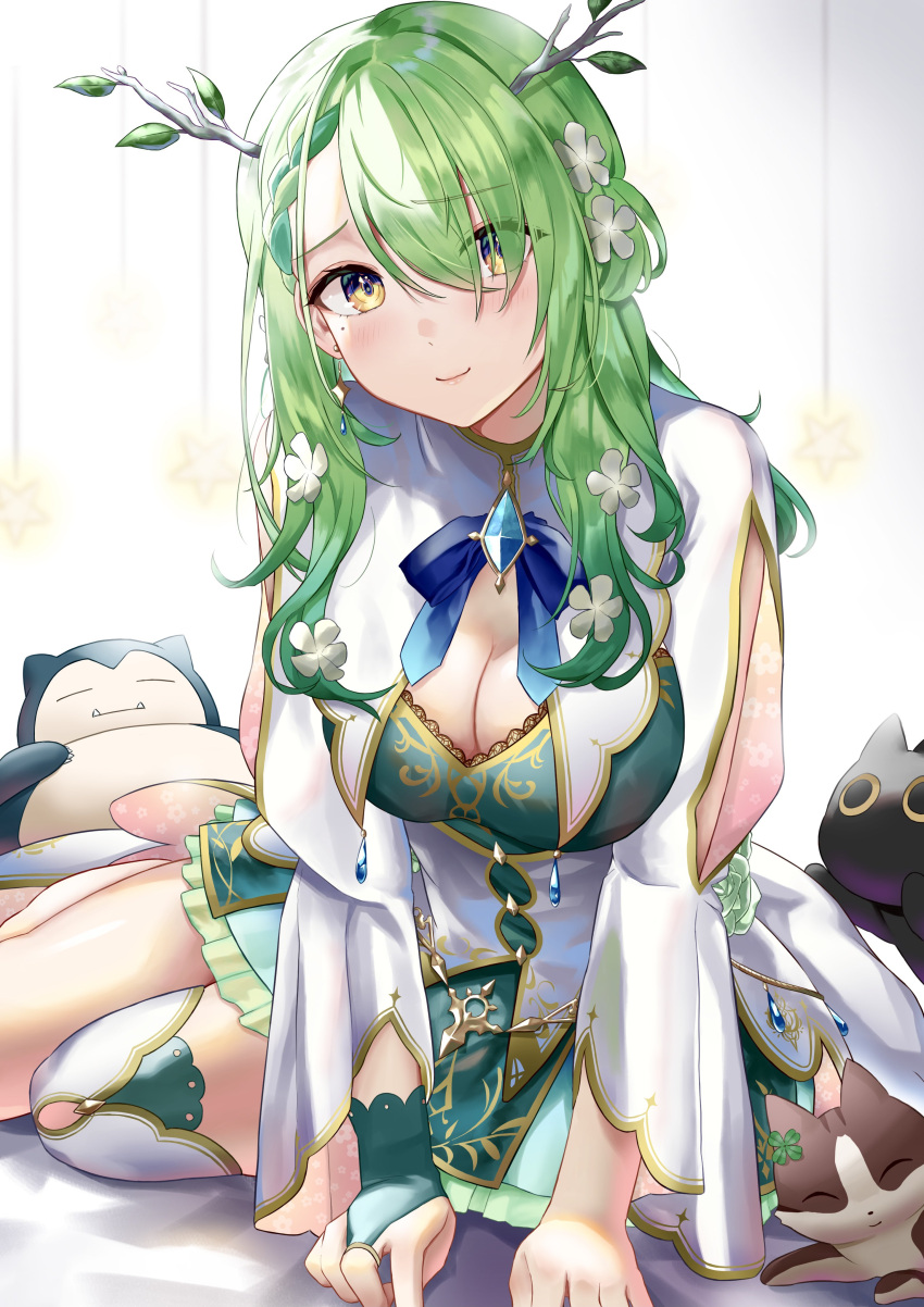 1girl absurdres antlers bangs blue_bow blush bow braid branch breasts bridal_gauntlets cat ceres_fauna cleavage closed_mouth clover_(ceres_fauna) commentary_request dress eyebrows_visible_through_hair eyes_visible_through_hair flower gem green_dress green_hair hair_flower hair_ornament highres hololive hololive_english large_breasts long_hair long_sleeves looking_at_viewer mole mole_under_eye multicolored_hair pokemon shinjou_yabou single_bridal_gauntlet single_thighhigh sitting smile snail_(ceres_fauna) snorlax streaked_hair thighhighs virtual_youtuber white_flower white_legwear yellow_eyes