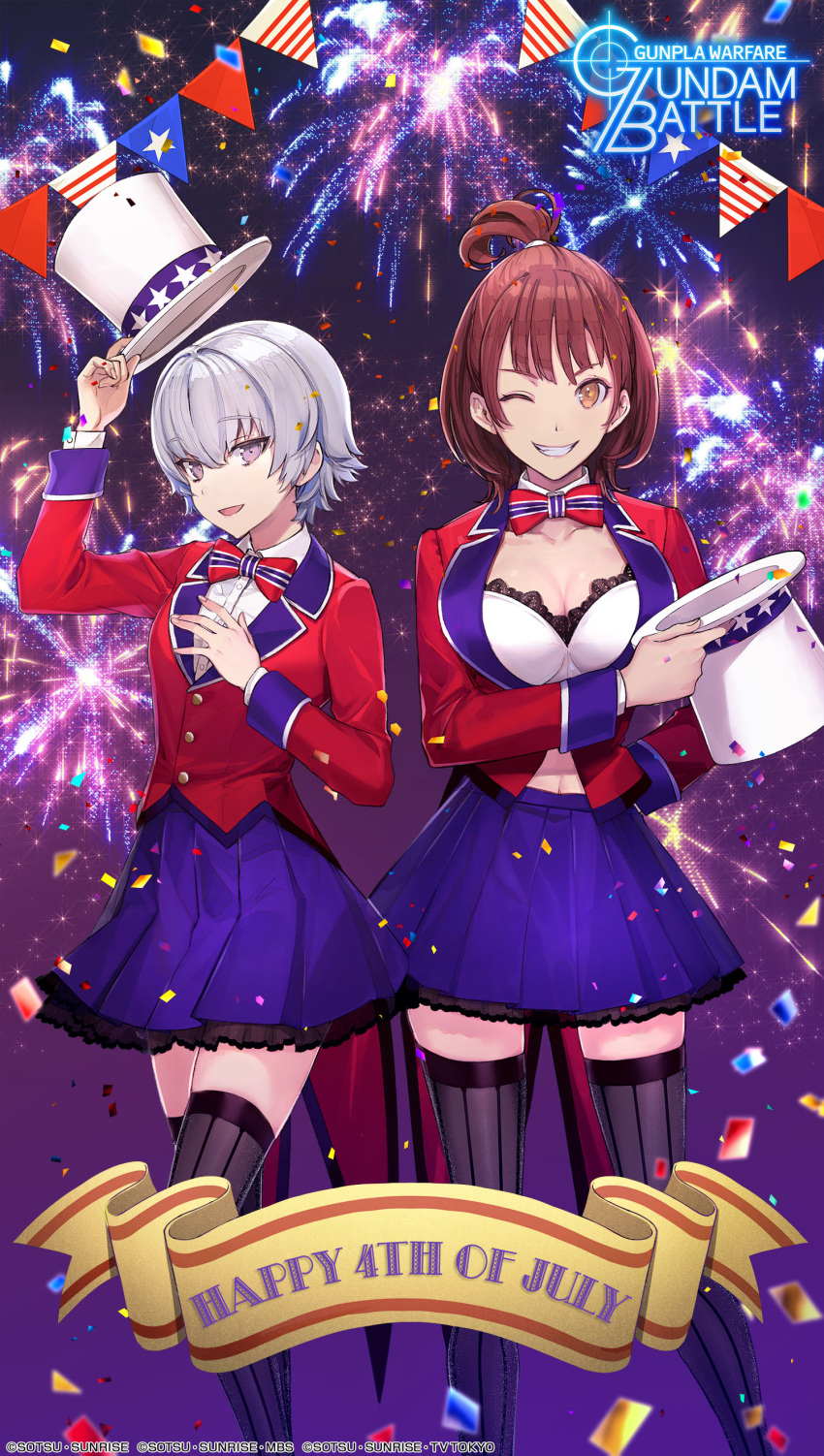2girls absurdres american_flag american_flag_print artist_request black_legwear bow bowtie bra breasts brown_hair buttons cleavage commentary confetti copyright copyright_name dress_shirt english_text fireworks flag_print fourth_of_july frilled_skirt frills grin gundam gundam_breaker_mobile hat hat_removed headwear_removed high_ponytail highres holding holding_clothes holding_hat ichinose_yuri kotomori_ren lace-trimmed_bra lace_trim large_breasts light_brown_eyes lips midriff_peek miniskirt multiple_girls navel official_art open_mouth patriotism purple_eyes shirt short_hair silver_hair skirt sleeve_cuffs small_breasts smile tailcoat thighhighs tied_hair top_hat topknot underwear zettai_ryouiki