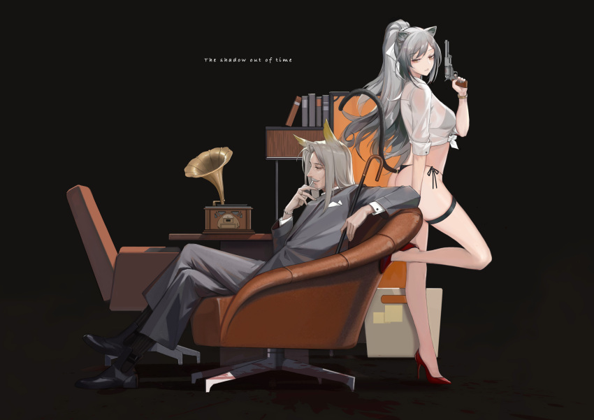 1boy 1girl absurdres animal_ears arknights ass bikini bird_ears black_footwear book bracelet breasts cat_ears cat_girl cat_tail chair chinese_commentary cigarette cjmy crossed_legs desk english_text formal from_side grey_hair gun handgun hellagur_(arknights) high_heels highres holding holding_gun holding_weapon jewelry leaning long_hair lounge_chair parted_lips phonograph pistol pocket_square ponytail red_footwear ring schwarz_(arknights) see-through_shirt shirt shoes side-tie_bikini sitting stain standing standing_on_one_leg suit swimsuit tail thigh_strap thong_bikini tied_shirt very_long_hair watch weapon white_shirt wristwatch yellow_eyes