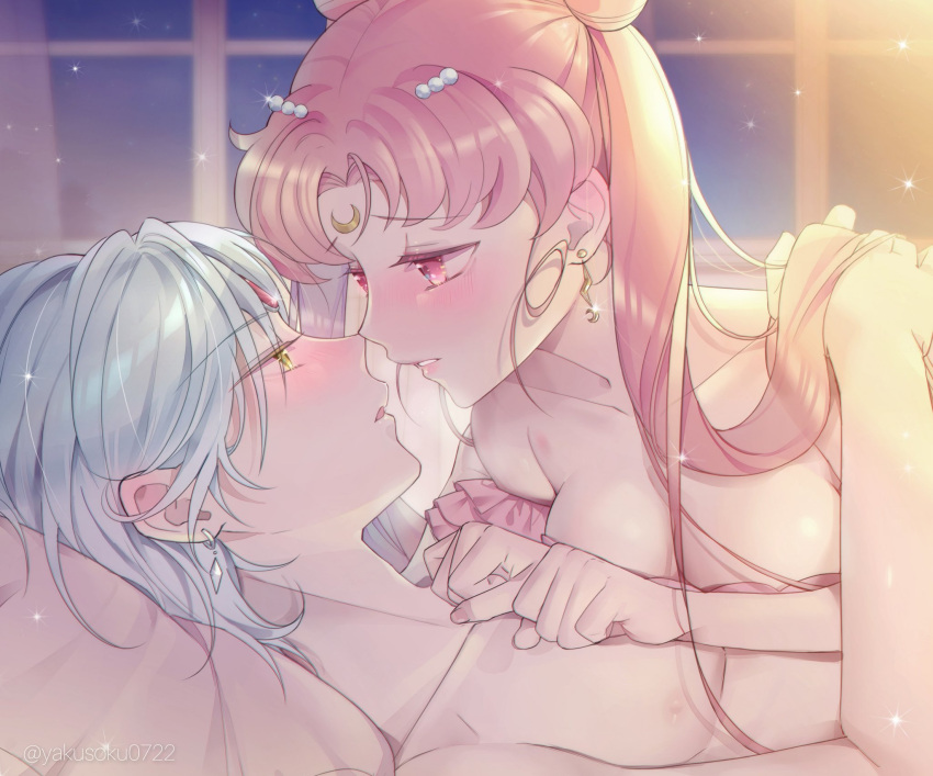 +1_(yakusoku0722) 1boy 1girl bare_shoulders bishoujo_senshi_sailor_moon blush breasts chibi_usa collarbone commentary_request couple double_bun earrings eyebrows_visible_through_hair facial_mark forehead_jewel forehead_mark hair_ornament hairpin helios_(sailor_moon) hetero highres jewelry lips long_hair looking_at_another medium_breasts parted_lips pink_eyes pink_hair short_hair small_lady_serenity topless_male upper_body white_hair yellow_eyes