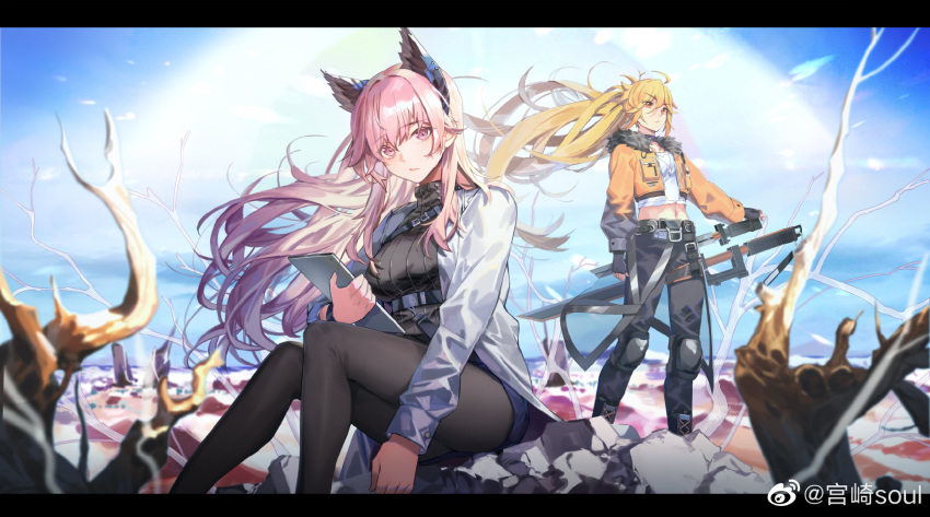 2girls ahoge animal_ears blonde_hair breasts cat_ears chinese_commentary commentary_request extra_ears fingerless_gloves fur_collar girls'_frontline girls'_frontline_neural_cloud gloves highres holding holding_tablet_pc jacket jewelry knee_pads labcoat large_breasts letterboxed long_hair long_sleeves looking_at_viewer midriff miyazaki_byou multiple_girls navel necklace open_clothes open_jacket orange_jacket outdoors pants pantyhose persicaria_(girls'_frontline_nc) pink_eyes pink_hair red_eyes ribbed_sweater sheath sheathed shirt sitting sky small_breasts sol_(girls'_frontline_nc) sweater sword tablet_pc very_long_hair weapon weibo_username white_shirt yellow_jacket