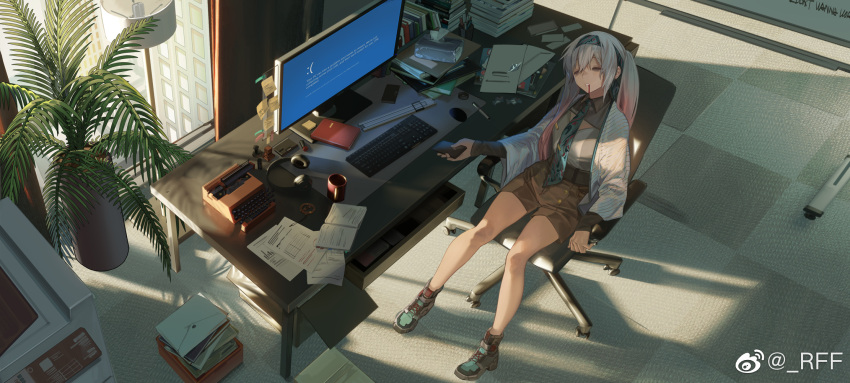 1girl bags_under_eyes blood blood_from_mouth blue_screen_of_death book brown_shorts cellphone chair chinese_commentary closed_eyes commentary_request cup desk from_above full_body girls'_frontline girls'_frontline_neural_cloud hairband headphones highres holding holding_phone indoors keyboard_(computer) long_hair lwmmg_(girls'_frontline) monitor mug multicolored_hair necktie office_chair on_chair paper phone pink_hair plant rff_(3_percent) shoes shorts sneakers solo sticky_note tissue_box twintails typewriter very_long_hair weibo_username white_hair window