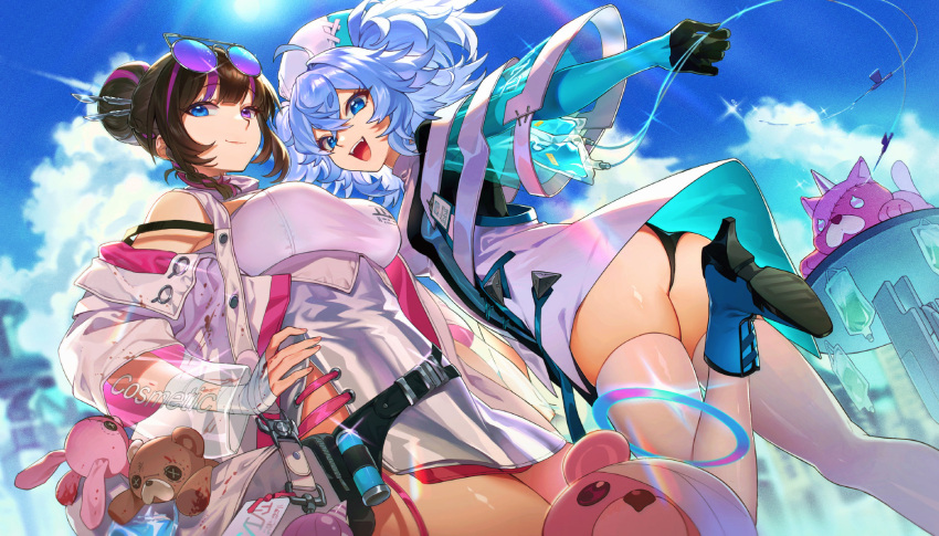 2girls ass bag bandaged_arm bandages bangs black_panties blue_eyes braid breasts brown_hair chinese_commentary cloud cloudy_sky commentary_request day dutch_angle eyewear_on_head girls'_frontline girls'_frontline_neural_cloud hair_between_eyes hair_bun hand_on_hip hat heterochromia high_heels highres intravenous_drip large_breasts leg_up looking_at_viewer messy_hair multicolored_hair multiple_girls nurse_cap off_shoulder open_mouth outdoors pa-15_(girls'_frontline) panties purple_eyes purple_hair qin_(7833198) scalpel shoulder_bag sky smile streaked_hair stuffed_animal stuffed_bunny stuffed_toy sunglasses teddy_bear thighhighs tinted_eyewear twintails underwear vee_(girls'_frontline_nc) white_legwear