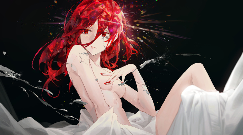 1girl black_background breasts cinnabar_(houseki_no_kuni) closed_mouth commentary_request covering covering_breasts cracked_skin crystal_hair eyebrows_visible_through_hair fingernails genderswap genderswap_(otf) hair_between_eyes highres houseki_no_kuni knee_up kuroduki_(pieat) long_fingernails long_hair looking_away looking_to_the_side medium_breasts nail_polish nude red_eyes red_hair red_nails simple_background sitting tears