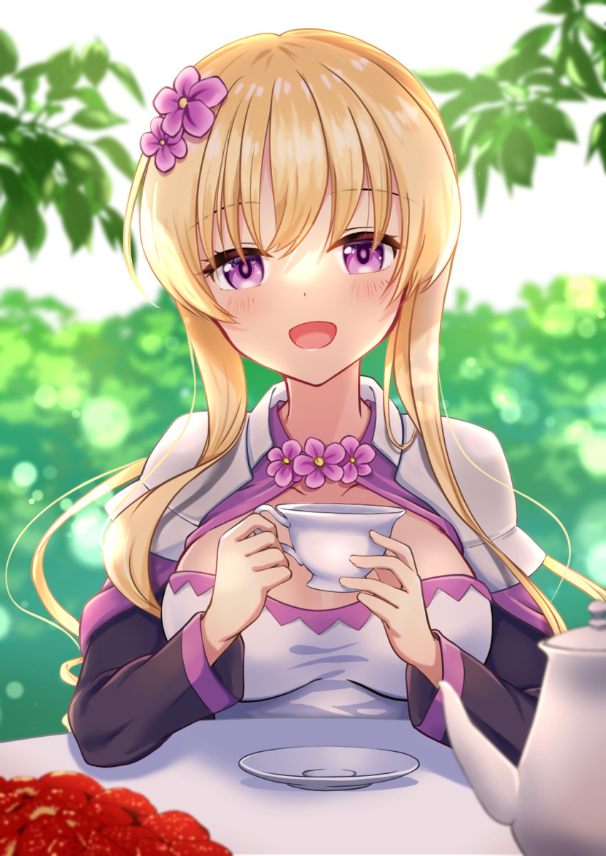 1girl :d blonde_hair breasts cup flower flower_knight_girl food fruit hair_flower hair_ornament highres holding holding_cup leaf looking_at_viewer medium_breasts open_mouth outdoors purple_eyes saintpaulia_(flower_knight_girl) sakuragi_sayu short_hair short_hair_with_long_locks smile solo strawberry table teacup teapot upper_body