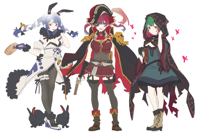 3girls animal_ears blue_gloves blue_hair boots bow braid breasts brown_footwear bunny cape carrot_hair_ornament cleavage covered_navel dark_persona detached_sleeves eyepatch flat_chest food-themed_hair_ornament fur-trimmed_gloves fur_trim gloves gradient_hair green_hair gun hair_bow hair_ornament handgun hat high_heels highres hololive hood houshou_marine jacket jacket_on_shoulders large_breasts legband mallet miniskirt multicolored_hair multiple_girls pantyhose pirate_hat pistol pleated_skirt puffy_short_sleeves puffy_sleeves rabbit_ears rabbit_girl rabbit_tail red_eyes red_hair short_sleeves single_glove skirt small_breasts tail thick_eyebrows thighhighs twin_braids twintails uruha_rushia usada_pekora virtual_youtuber weapon white_hair yomosaka