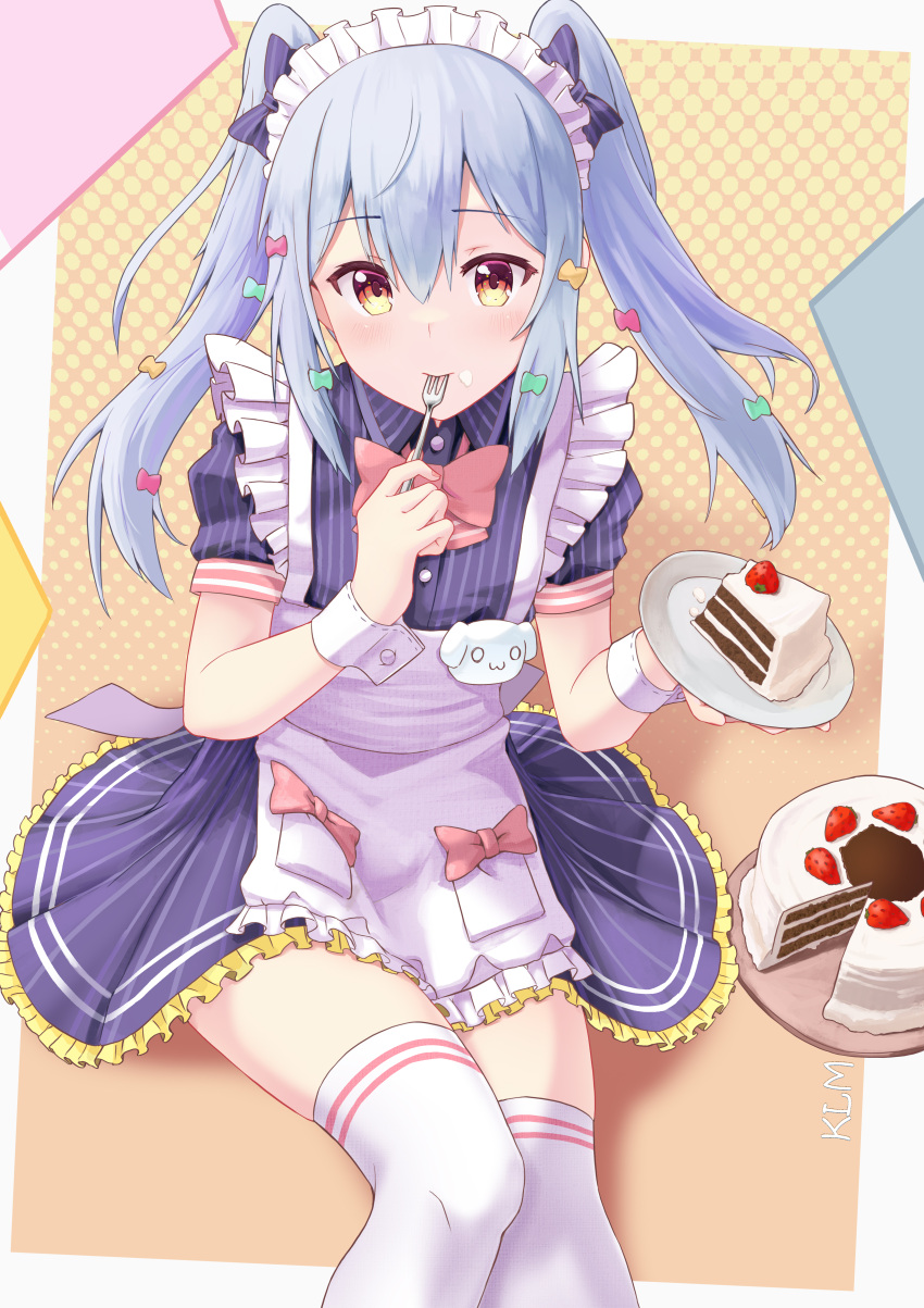 1boy absurdres apron bangs blue_hair bow cake cake_slice collared_dress crossed_legs dress food fork frilled_apron frills hair_between_eyes hair_bow highres inuyama_tamaki jtleeklm looking_at_viewer maid maid_headdress noripro orange_eyes otoko_no_ko pinstripe_dress pinstripe_pattern sitting solo striped thighhighs twintails virtual_youtuber waist_apron waitress white_apron white_legwear