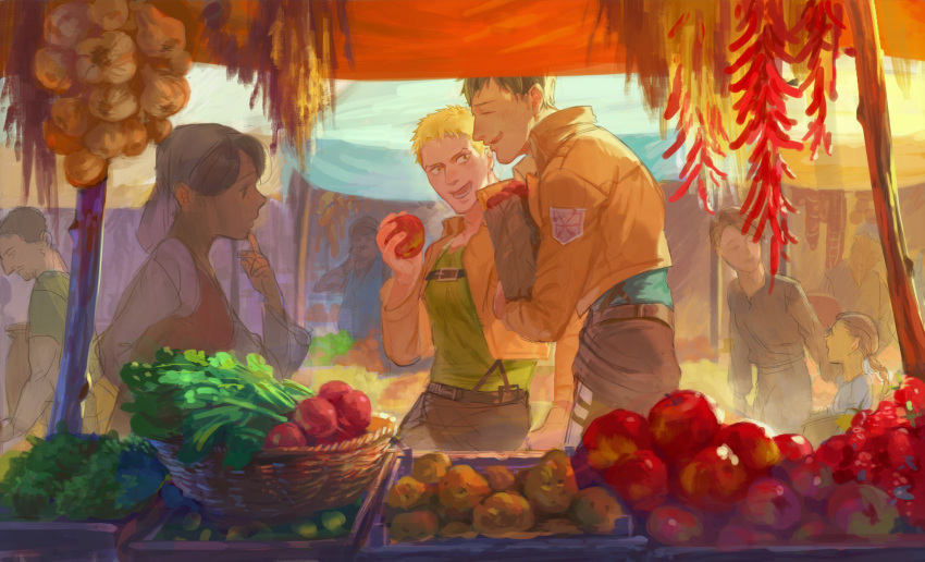 2girls 6+boys apple bag belt bertolt_hoover black_hair blonde_hair blue_shirt commentary_request food fruit green_shirt highres market meipu_hm military military_uniform multiple_boys multiple_girls outdoors pants reiner_braun shingeki_no_kyojin shirt shopping shopping_bag short_hair smile survey_corps survey_corps_(emblem) suspenders uniform vegetable