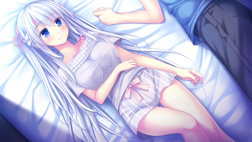 1boy 1girl bangs bed_sheet black_pants blue_eyes blue_shirt closed_mouth collarbone eyebrows_visible_through_hair from_above game_cg hair_between_eyes hair_ribbon lilium_(lilium_wedding_plan) lilium_wedding_plan long_hair lying off-shoulder_shirt off_shoulder official_art on_back on_side pants pink_ribbon ribbon sesena_yau shirt short_shorts short_sleeves shorts silver_hair smile solo_focus striped striped_shorts thigh_gap vertical-striped_shorts vertical_stripes very_long_hair white_shirt white_shorts