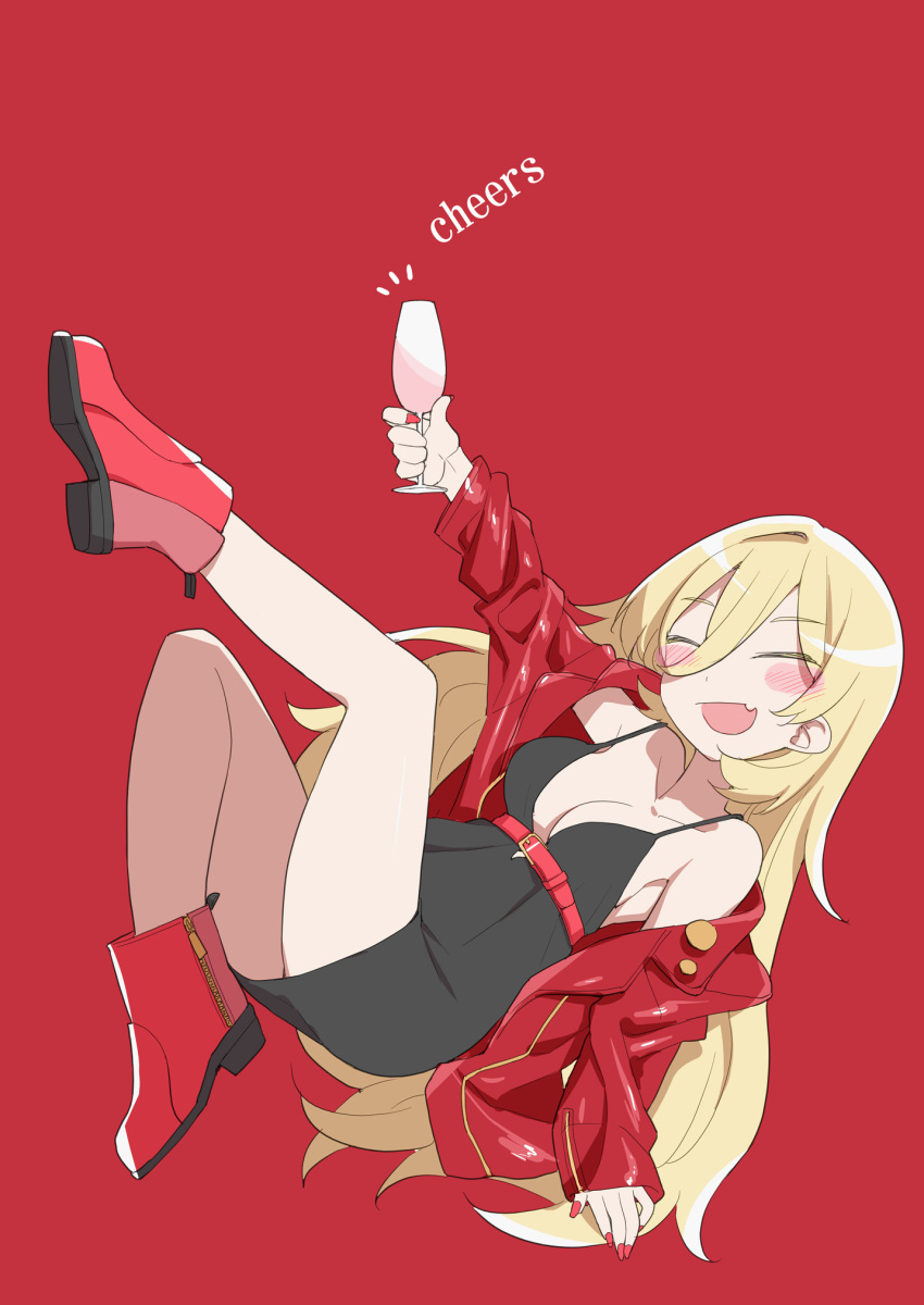 1girl belt black_dress blonde_hair blush_stickers boots breasts cleavage closed_eyes commentary_request cup dress drinking_glass fang full_body highres holding holding_cup jacket medium_breasts nijisanji nui_sociere open_mouth red_background red_footwear red_jacket red_nails short_dress skin_fang smile solo tanaka_ahiru wine_glass