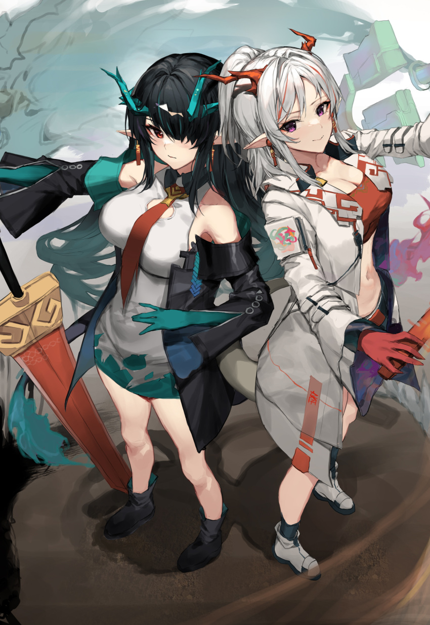 2girls absurdres arknights black_footwear black_hair black_jacket boots breasts china_dress chinese_clothes cleavage cleavage_cutout clothing_cutout collarbone colored_skin dragon_girl dragon_horns dragon_tail dress dusk_(arknights) ear_piercing full_body green_hair green_skin hair_over_one_eye highres holding holding_sword holding_weapon horns jacket large_breasts long_hair looking_at_viewer midriff molyb multicolored_hair multiple_girls navel necktie nian_(arknights) open_clothes open_jacket piercing pointy_ears ponytail purple_eyes red_bandana red_bandeau red_eyes red_necktie red_skin sleeveless sleeveless_dress standing strapless streaked_hair sword tail tail-tip_fire tube_top weapon white_footwear white_hair white_jacket