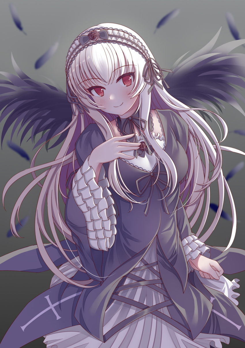 1girl bangs black_dress black_feathers black_hairband black_wings blush breasts closed_mouth cowboy_shot detached_collar dress feathered_wings feathers frilled_sleeves frills gothic_lolita hairband hand_on_own_chest highres large_breasts lolita_fashion long_hair looking_at_viewer red_eyes rozen_maiden silver_hair smile ss-u511 suigintou wings