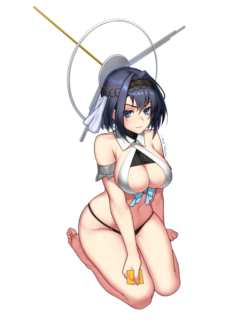 1girl adapted_costume bangs bare_legs barefoot bikini black_bikini blue_eyes blue_hair blush breasts condom condom_wrapper criss-cross_halter full_body hair_intakes halterneck head_chain highres hololive hololive_english large_breasts looking_at_viewer mechanical_halo momera navel ouro_kronii seiza short_hair simple_background sitting solo swimsuit underboob underwear veil virtual_youtuber white_background