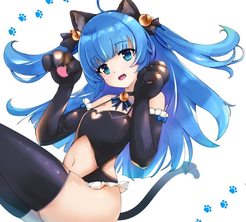 1girl :o animal_ears animal_hands bell black_legwear black_leotard black_ribbon black_tail blue_eyes blue_hair cat_ears cat_tail clothing_cutout eari elbow_gloves frilled_leotard frills gloves hair_bell hair_ornament hair_ribbon highres jingle_bell king's_raid leotard lilia_(king's_raid) long_hair looking_at_viewer navel navel_cutout open_mouth paw_gloves paw_pose paw_print ribbon shiny shiny_skin simple_background solo tail thighhighs two_side_up white_background