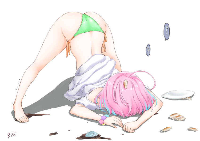 1girl absurdres accident ahoge ass blue_hair dumpling food green_panties highres idolmaster idolmaster_cinderella_girls jack-o'_challenge jiaozi multicolored_hair ozaki_mirai panties pink_hair plate revision shirt short_hair side-tie_panties streaked_hair top-down_bottom-up translated two-tone_hair underwear white_shirt yumemi_riamu