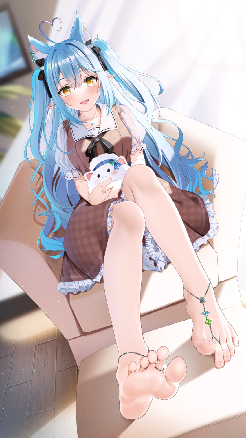 1girl animal_ear_fluff animal_ears bare_legs barefoot barefoot_sandals blue_hair casino_(casinoep) couch elf feet foot_focus foreshortening highres hololive jewelry long_hair looking_at_viewer multicolored_hair necklace pointy_ears skirt soles streaked_hair toe_ring toes twintails very_long_hair virtual_youtuber yellow_eyes yukihana_lamy yukimin_(yukihana_lamy)