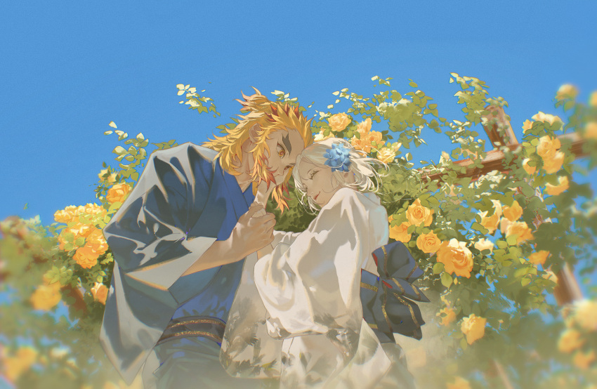1boy 1girl bangs blonde_hair blue_flower blue_kimono blue_sky closed_eyes closed_mouth couple fence flower from_below hair_flower hair_ornament hand_on_another's_cheek hand_on_another's_face hetero highres hitotaba japanese_clothes kimetsu_no_yaiba kimono long_hair multicolored_hair parted_bangs red_hair rengoku_kyoujurou rose short_hair silver_hair sky two-tone_hair white_kimono yellow_eyes yellow_flower yellow_rose