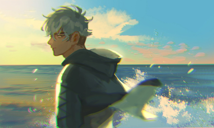 1boy beach black_jacket closed_mouth cloud commentary_request guzma_(pokemon) highres hood hooded_jacket jacket looking_back male_focus meipu_hm ocean pokemon pokemon_(game) pokemon_sm shirt short_sleeves sky smile team_skull white_hair white_shirt wind wind_lift