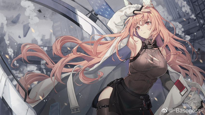 1girl animal_ears arm_up armpits baseness black_legwear black_skirt breasts cat_ears chinese_commentary cleavage commentary_request cowboy_shot girls'_frontline girls'_frontline_neural_cloud highres labcoat large_breasts persicaria_(girls'_frontline_nc) pink_eyes pink_hair ribbed_shirt shirt side_slit skindentation skirt sleeveless sleeveless_shirt sleeves_past_wrists solo thighhighs torn_clothes torn_shirt weibo_username