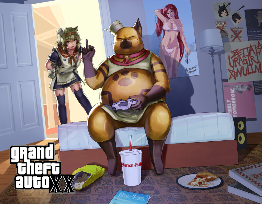 1boy 1girl animal_ear_legwear bag_of_chips bangs bed bikini black_dress black_legwear blonde_hair character_request chips closed_mouth commentary_request cup dart disposable_cup door dress dutch_angle eyebrows_visible_through_hair fat fat_man felyne food full_body furry furry_male grand_theft_auto grand_theft_auto_v green_eyes hentai_kuso_oyaji highres indoors looking_at_another maid manatsu_no_yo_no_inmu medium_hair megafaiarou_(talonflame_810) middle_finger monster_hunter_(series) monster_hunter_xx on_bed open_mouth orange_scarf pizza_box pizza_slice plate playstation_controller poster_(object) red_hair scarf sitting sitting_on_bed standing swimsuit thighhighs white_bikini
