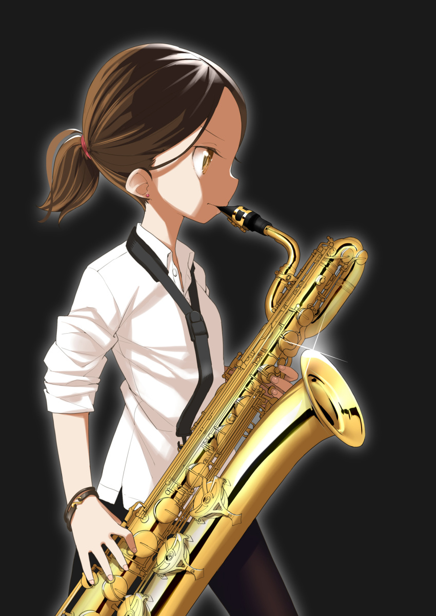 1girl baritone_saxophone black_background bracelet brown_eyes brown_hair collared_shirt commentary_request cowboy_shot earrings from_side hibike!_euphonium highres instrument jewelry music ogasawara_haruka playing_instrument ponytail saxophone shiny shirt solo sparkle stud_earrings tanaka_ahiru