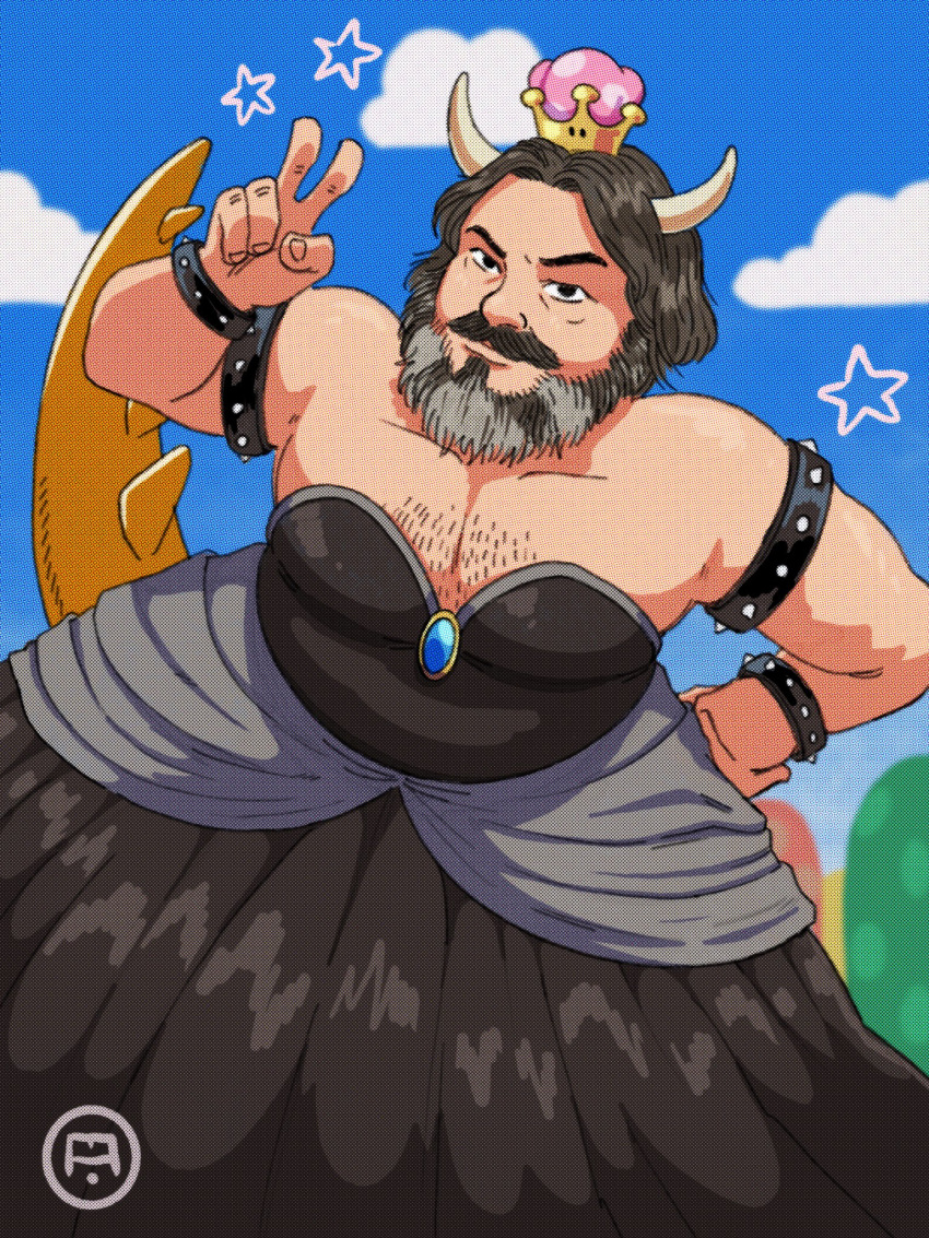 1boy armlet beard black_dress black_hair blue_sky bowsette bowsette_(cosplay) bracelet chest_hair cloud collarbone commentary cosplay cottonwoodler crossdressing crown day dress english_commentary facial_hair fingernails hand_on_hip hand_up highres horns jack_black jewelry looking_at_viewer male_focus mario_(series) mustache new_super_mario_bros._u_deluxe outdoors real_life short_hair sky solo spiked_armlet spiked_bracelet spikes star_(symbol) strapless strapless_dress super_crown super_mario_bros._(2022_film) v