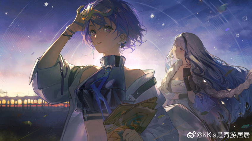 2girls adjusting_goggles blue_hair bracelet breasts chinese_commentary cleavage commentary_request dress earrings fingerless_gloves fresnel_(girls'_frontline_nc) girls'_frontline girls'_frontline_neural_cloud gloves goggles goggles_on_head hair_over_shoulder highres holding holding_map hubble_(girls'_frontline_nc) jacket jewelry kkia long_hair map multicolored_hair multiple_girls off_shoulder purple_eyes purple_hair short_hair sky small_breasts smile star_(sky) streaked_hair sunset upper_body very_long_hair watch weibo_username white_dress white_hair white_jacket wristwatch