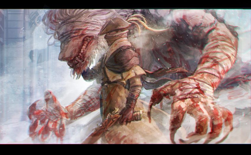1boy bandages blood blood_from_mouth blood_on_clothes bloodborne coat creature fangs father_gascoigne gloves gun hat henryk highres holding holding_gun holding_weapon mask meipu_hm outdoors pants standing weapon