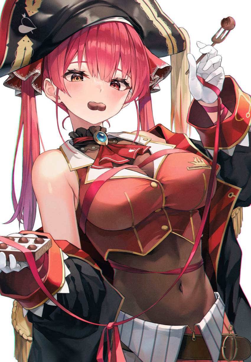 1girl absurdres ascot bangs belt blush breasts chocolate cleavage covered_navel crop_top epaulettes food food_in_mouth fork hat heterochromia highres holding holding_chocolate holding_food holding_fork hololive houshou_marine jacket large_breasts mouth_hold myung_yi off_shoulder pirate_hat red_eyes red_hair red_ribbon ribbon single_bare_shoulder solo twintails virtual_youtuber yellow_eyes