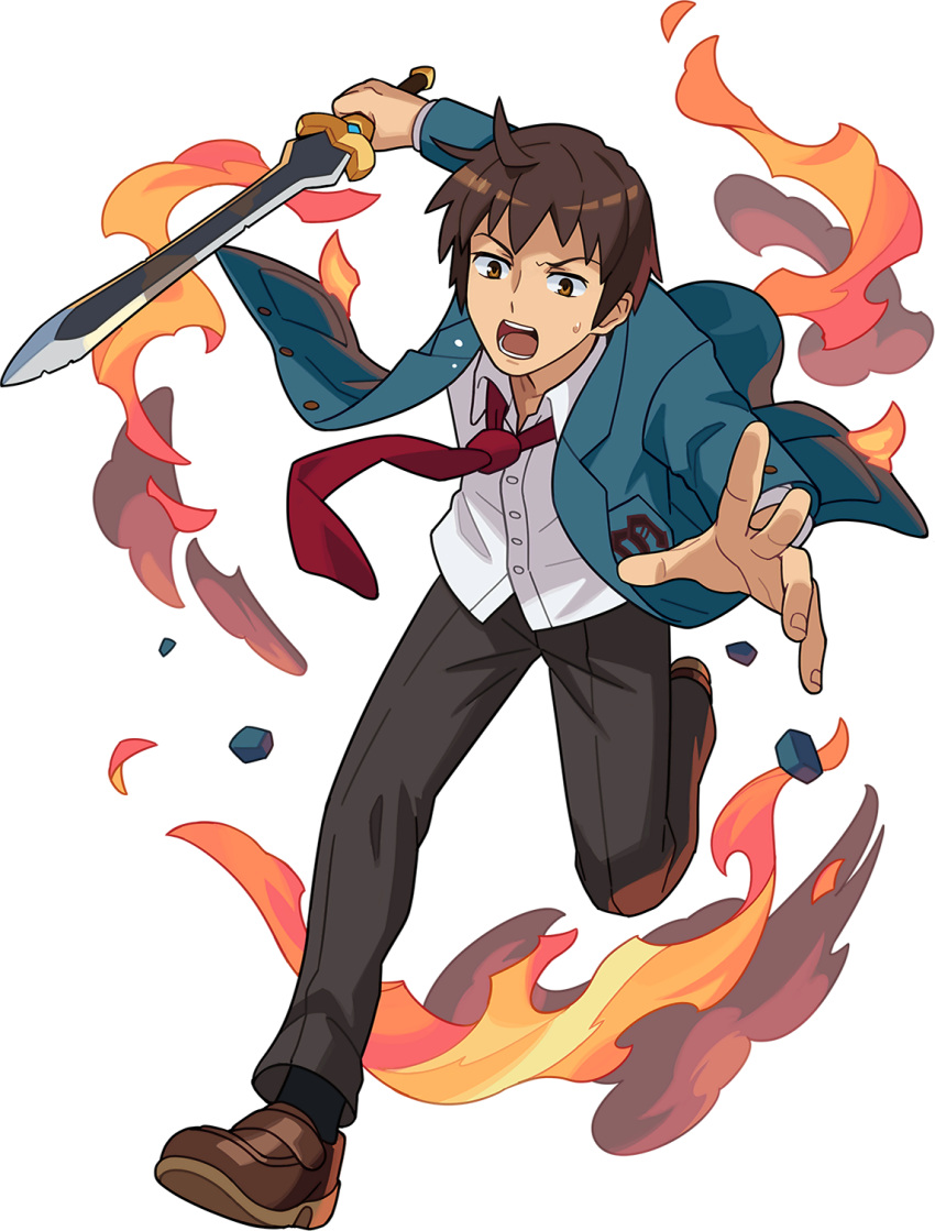 1boy arms_up artist_request bangs black_legwear black_pants blue_jacket breast_pocket brown_eyes brown_footwear brown_hair buttons collared_shirt constricted_pupils fire full_body highres holding holding_sword holding_weapon jacket kita_high_school_uniform kyon leg_up loafers long_sleeves looking_down male_focus necktie non-web_source official_art open_clothes open_jacket open_mouth outstretched_arms pants pocket red_necktie running school_uniform shiny shiny_hair shirt shoes short_hair sidelocks smoke socks solo suzumiya_haruhi_no_yuuutsu sweat sword teeth transparent_background v-shaped_eyebrows weapon white_shirt world_flipper