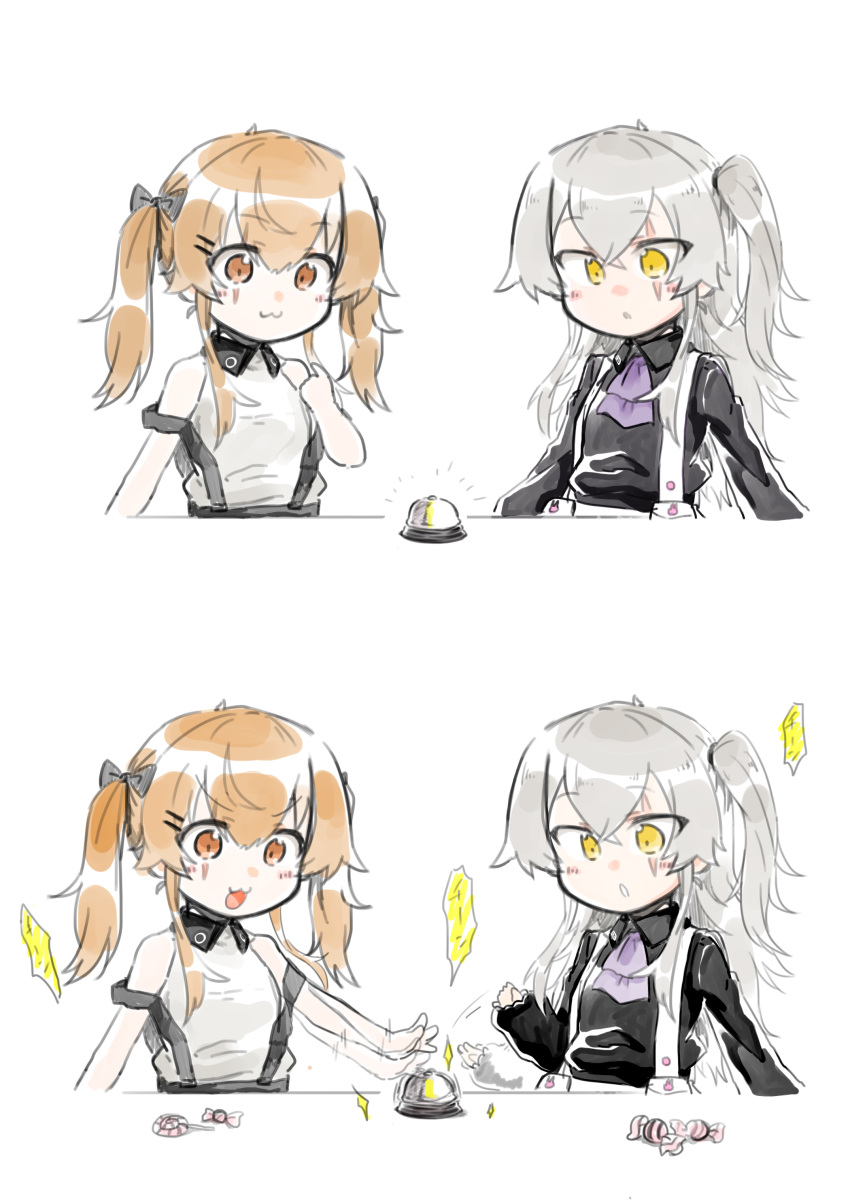 2girls :3 absurdres bell blush brown_eyes brown_hair call_bell candy food girls'_frontline grey_hair highres lollipop multiple_girls myon2 scar scar_across_eye siblings side_ponytail sisters speech_bubble surprised translation_request twintails ump45_(girls'_frontline) ump9_(girls'_frontline) yellow_eyes younger