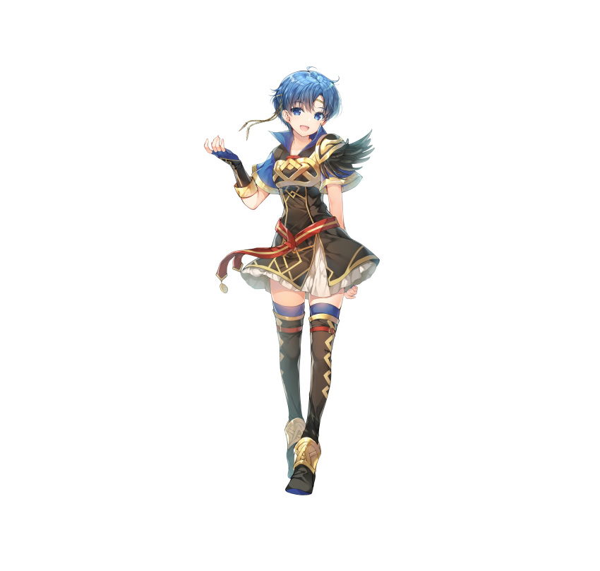 1girl absurdres alternate_costume armor bangs belt blue_eyes blue_hair blue_legwear boots breastplate commentary_request dress elbow_gloves eyebrows_visible_through_hair feather_trim fingerless_gloves fingernails fire_emblem fire_emblem:_the_binding_blade fire_emblem_heroes full_body gloves gold_trim highres looking_at_viewer miwabe_sakura official_art shanna_(fire_emblem) shiny shiny_hair short_dress short_hair short_sleeves shoulder_armor simple_background skirt smile solo thigh_boots thighhighs white_background zettai_ryouiki
