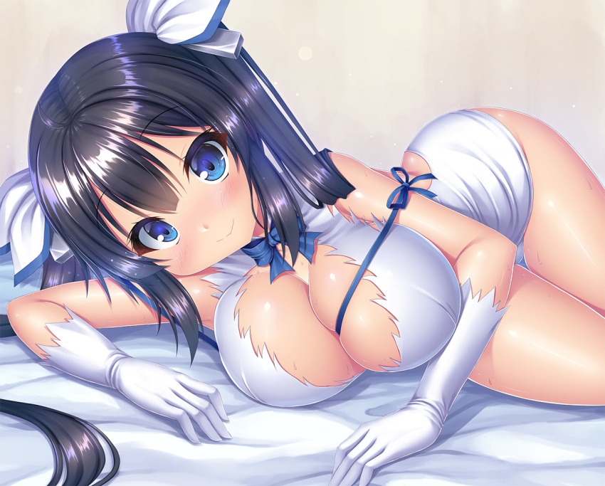 1girl beige_background black_hair blue_bow blue_eyes blue_ribbon bow bowtie breasts cleavage closed_mouth come_hither dress dungeon_ni_deai_wo_motomeru_no_wa_machigatteiru_darou_ka gloves hestia_(danmachi) large_breasts long_hair looking_at_viewer lying narrow_waist on_side rei_no_himo ribbon shiny shiny_hair shiny_skin short_dress smile solo takeponi thigh_gap twintails white_dress white_gloves