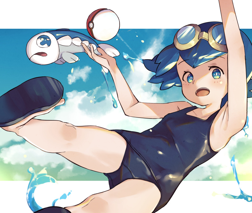 1girl arm_up bangs bare_arms blue_eyes blue_hair blush bright_pupils commentary_request driftingtiger eyebrows_visible_through_hair eyelashes freckles goggles goggles_on_head hand_up highres lana_(pokemon) no_sclera one-piece_swimsuit open_mouth poke_ball poke_ball_(basic) pokemon pokemon_(creature) pokemon_(game) pokemon_sm sandals short_hair swimsuit teeth toes tongue upper_teeth water white_pupils wishiwashi wishiwashi_(solo)