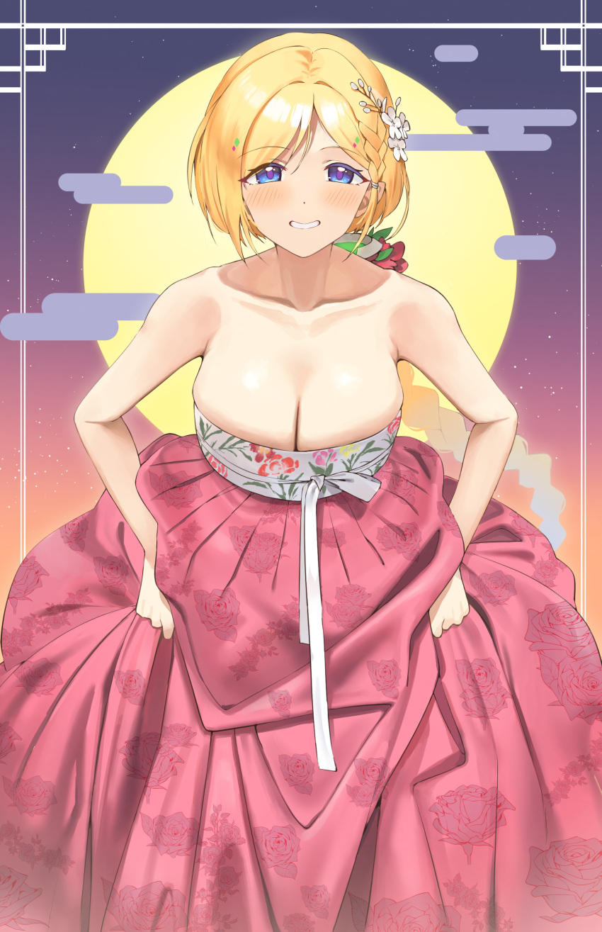1girl absurdres aki_rosenthal alternate_costume alternate_hairstyle bangs bare_arms bare_shoulders blonde_hair blush bob_cut braid breasts cleavage commentary_request detached_hair egasumi eyebrows_visible_through_hair floral_print flower full_moon hair_flower hair_ornament highres hololive korean_clothes large_breasts long_hair looking_at_viewer moon parted_bangs purple_eyes rose_print short_hair skirt smile solo twin_(tt_lsh) virtual_youtuber white_flower