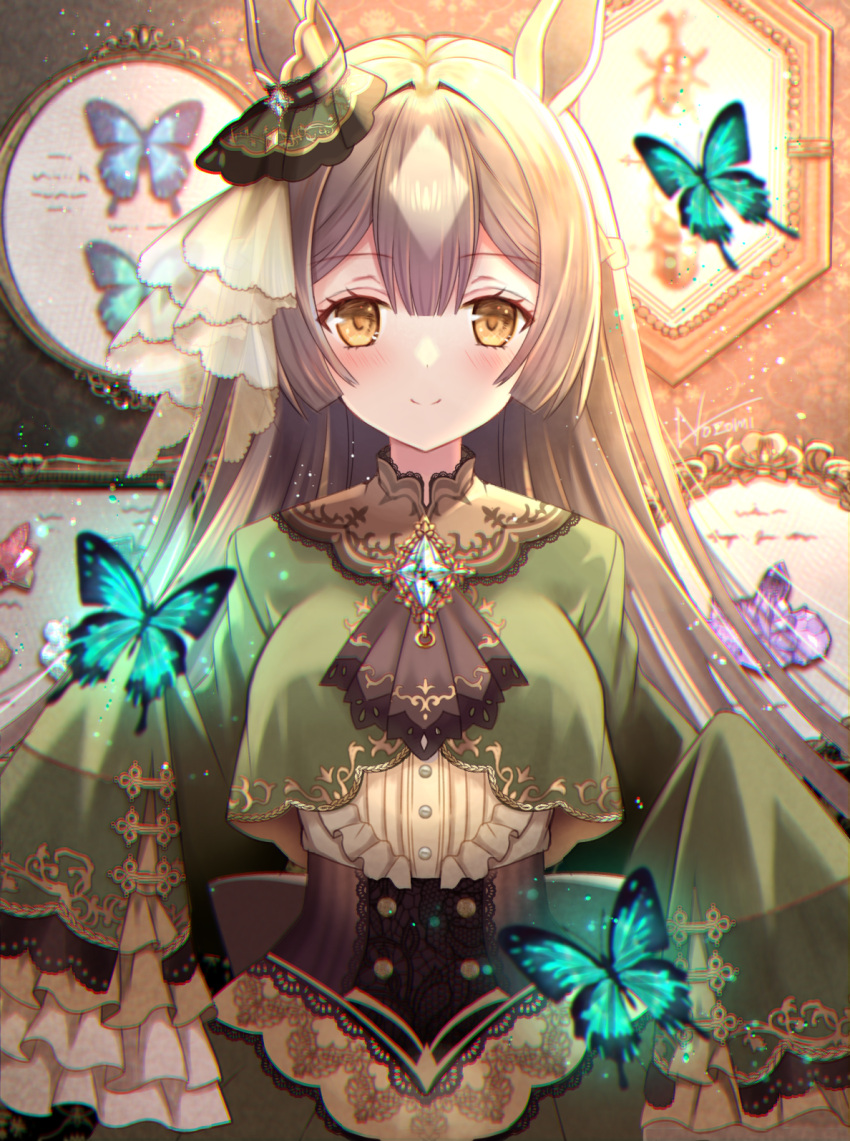 1girl animal animal_ears blush brown_eyes brown_hair bug butterfly closed_mouth dress eyebrows_visible_through_hair frilled_sleeves frills green_dress highres horse_ears horse_girl long_hair looking_at_viewer nozomi_fuuten satono_diamond_(umamusume) sleeves_past_fingers sleeves_past_wrists smile solo umamusume upper_body