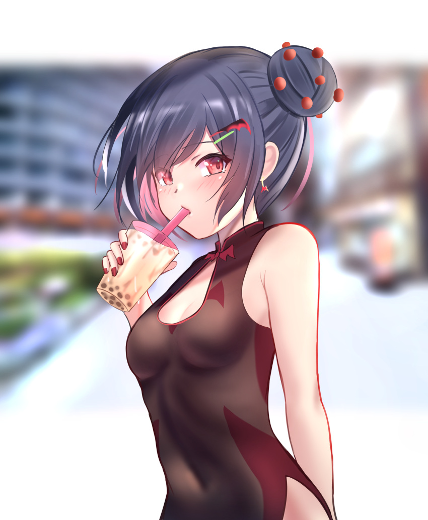 1girl bat_hair_ornament black_dress black_hair breasts bubble_tea china_dress chinese_clothes cleavage commentary corona-chan covered_navel day dress drinking drinking_straw earrings english_commentary hair_ornament hairclip hairpin highres jewelry looking_at_viewer medium_breasts medium_hair moshi_imo multicolored_hair original outdoors pink_hair red_eyes red_nails side_bun sleeveless solo standing two-tone_hair upper_body