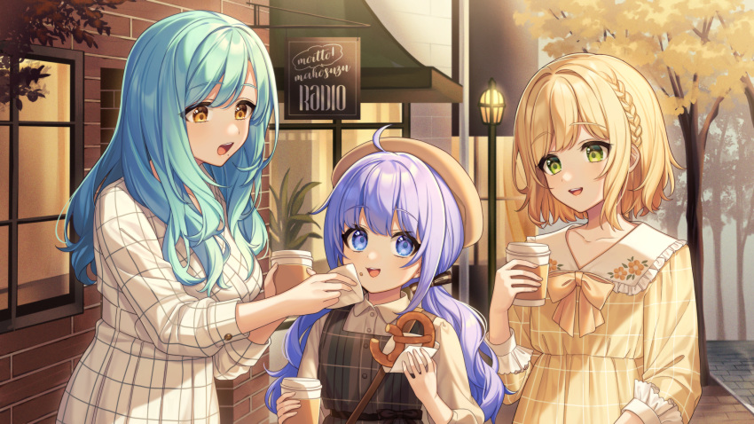 1boy 2girls :d ahoge bangs beret blonde_hair blue_eyes blue_hair braid breasts brick_wall brown_dress brown_eyes brown_headwear coffee_cup collared_dress collared_shirt commentary_request cup day disposable_cup dress dress_shirt eyebrows_visible_through_hair food frilled_shirt_collar frills green_eyes hat highres holding holding_cup holding_food karokuchitose lamppost large_breasts long_hair low_twintails moira_(nijisanji) mole mole_under_mouth multiple_girls nijisanji open_mouth outdoors plaid plaid_dress pretzel shirt sleeveless sleeveless_dress smile suzuya_aki teeth tree twintails upper_teeth very_long_hair white_dress white_shirt window yellow_dress yuuki_chihiro