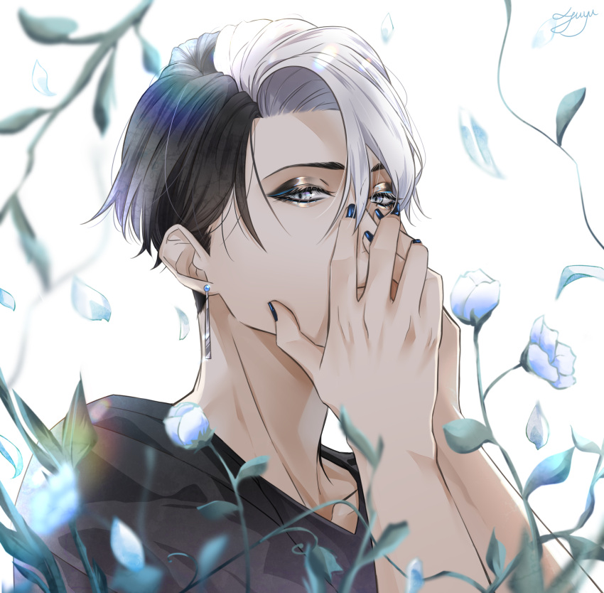 1boy artist_name black_hair black_nails black_shirt divus_crewel earrings eyeshadow falling_petals fingernails flower fuyu_tomatomato grey_eyes hands hands_on_own_face highres jewelry looking_at_viewer makeup male_focus multicolored_hair petals shirt short_hair solo twisted_wonderland two-tone_hair upper_body white_background white_flower white_hair white_petals