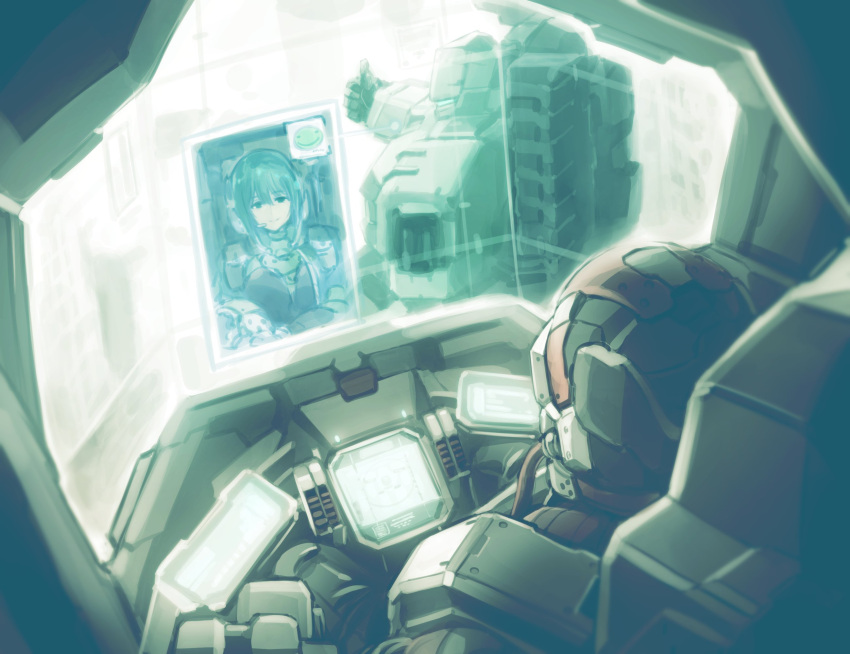 1boy 1girl armored_core armored_core:_for_answer bangs blue_hair cockpit commentary_request helmet highres holographic_monitor ishiyumi looking_back may_greenfield mecha merrygate pilot_suit science_fiction smile thumbs_up visor