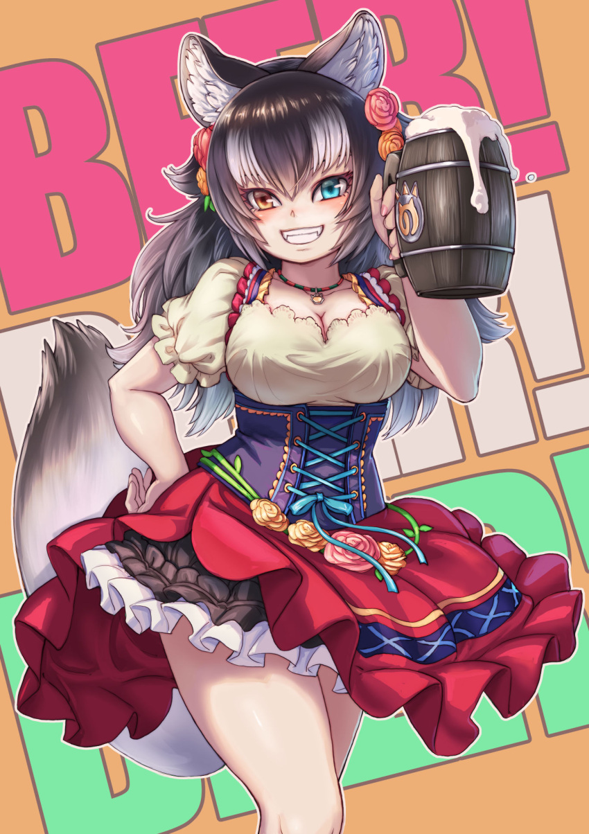 1girl animal_ears asymmetrical_clothes bare_legs beer_mug black_dress black_hair blue_bow blue_corset blue_eyes blush bow bowtie commentary_request cowboy_shot cup dirndl dress eyebrows_visible_through_hair fangs flower flower_ornament frilled_dress frills german_clothes grey_hair grey_wolf_(kemono_friends) grin hair_flower hair_ornament heterochromia highres japari_symbol jewelry kemono_friends kemono_friends_3 kosai_takayuki long_hair mug multicolored_clothes multicolored_dress multicolored_hair nail_polish necklace official_alternate_costume pink_nails puffy_short_sleeves puffy_sleeves red_dress shirt short_sleeves smile solo tail white_dress white_hair white_shirt wolf_ears wolf_girl wolf_tail yellow_eyes