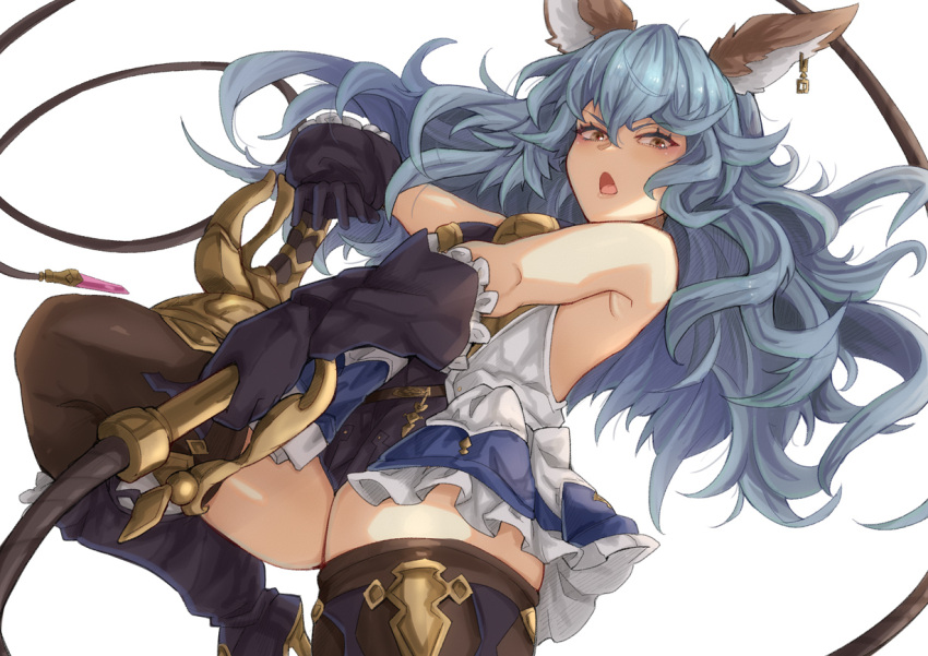 1girl animal_ears armpit_crease armpits backless_outfit bangs belt black_gloves blue_hair blue_skirt breasts earrings erune ferry_(granblue_fantasy) gloves granblue_fantasy holding holding_whip jewelry long_hair loose_belt open_mouth rabbit_ears single_earring skirt small_breasts solo wavy_hair whip yellow_eyes yude