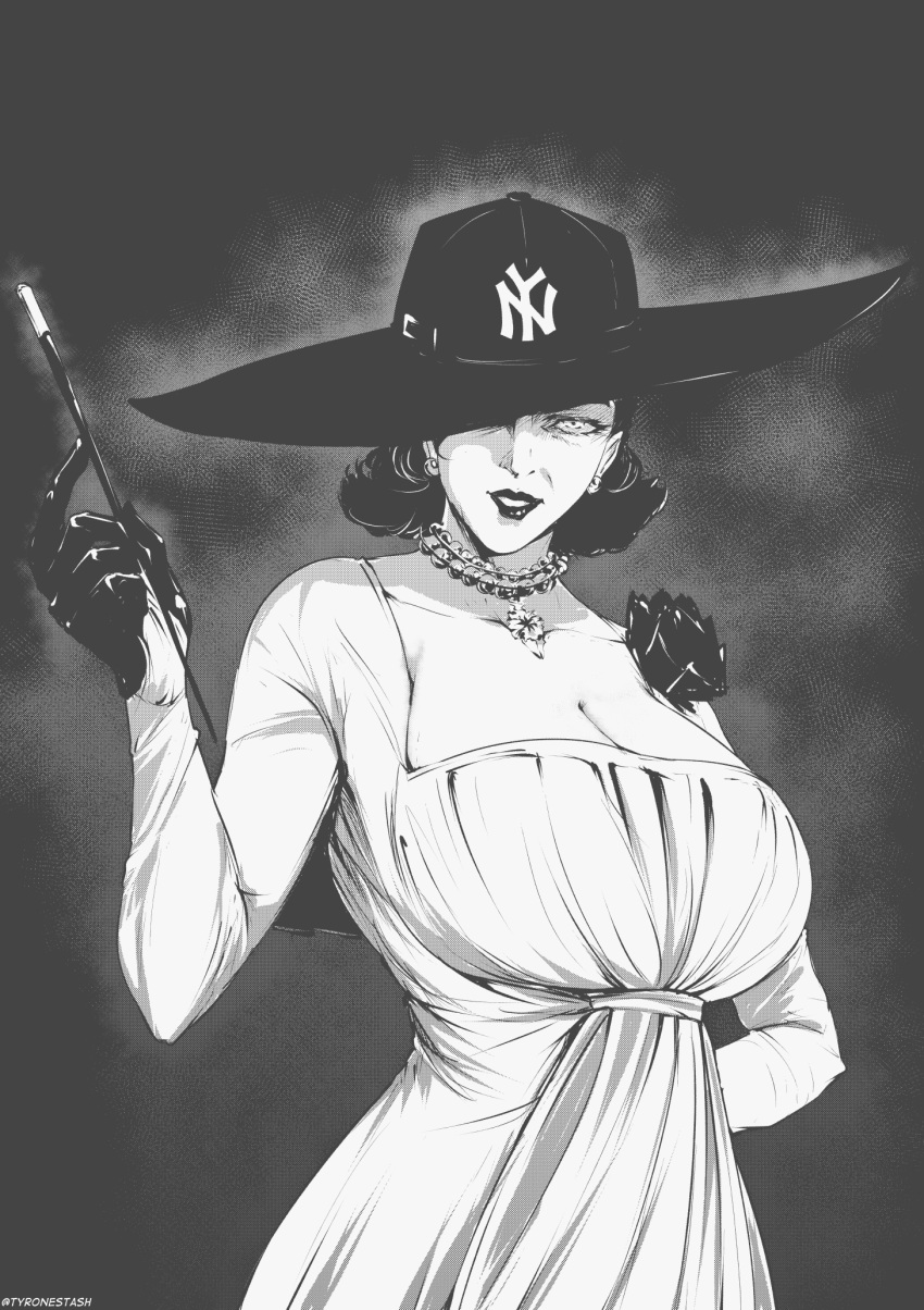 1girl alcina_dimitrescu arm_behind_back bangs breasts dress english_commentary gloves greyscale hair_behind_ear hat highres holding holding_pipe large_breasts looking_at_viewer monochrome new_york_yankees one_eye_covered parted_lips pipe resident_evil resident_evil_village short_hair solo sun_hat twitter_username tyrone