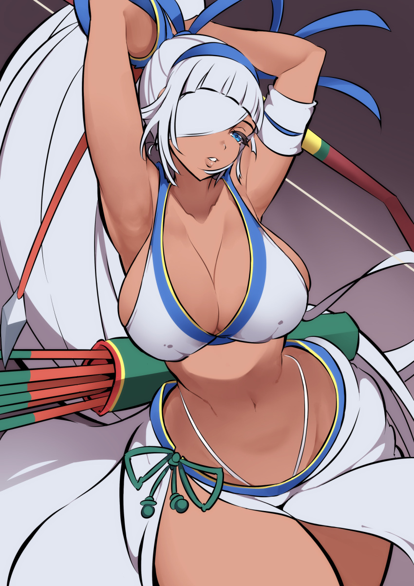 1girl armpits arms_up arrow_(projectile) bandage_over_one_eye bangs blue_eyes blue_gloves blue_hairband blunt_bangs bow_(weapon) breasts cleavage commentary_request dark-skinned_female dark_skin eyebrows_visible_through_hair gloves gradient gradient_background hairband highres holding holding_bow_(weapon) holding_weapon large_breasts long_hair looking_at_viewer majikina_mina nac000 navel open_mouth partially_fingerless_gloves ponytail samurai_spirits sarong single_glove solo stomach very_long_hair weapon white_hair yugake